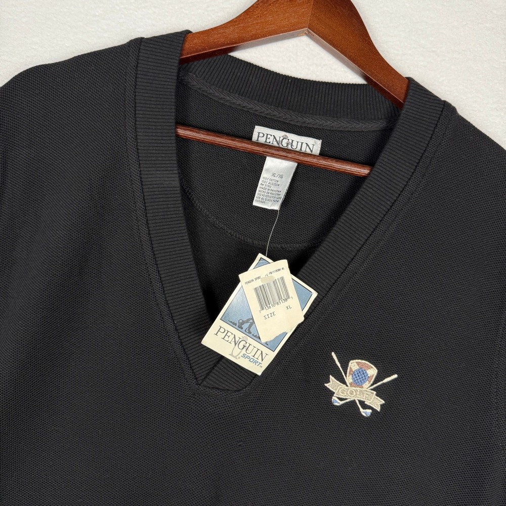 NWT Penguin Sport Mens XL Black V-Neck Golf Sweater Vest VTG 90's Embroidered